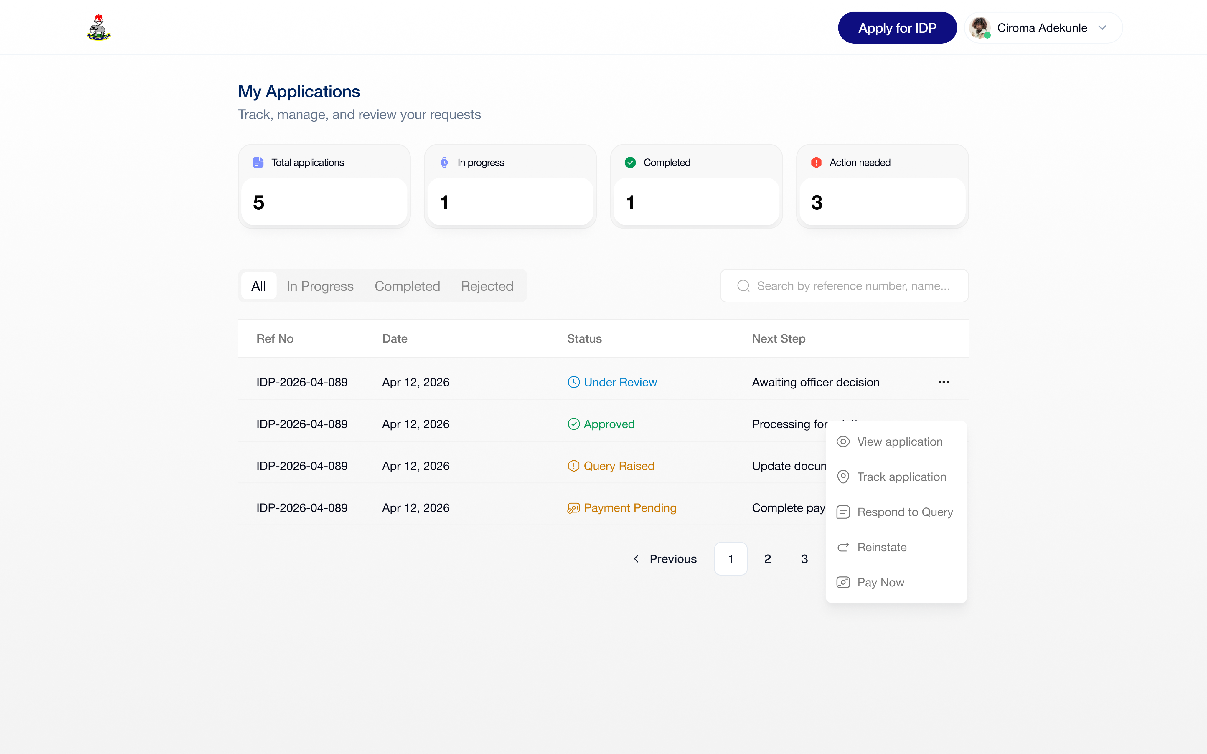 IDP application dashboard